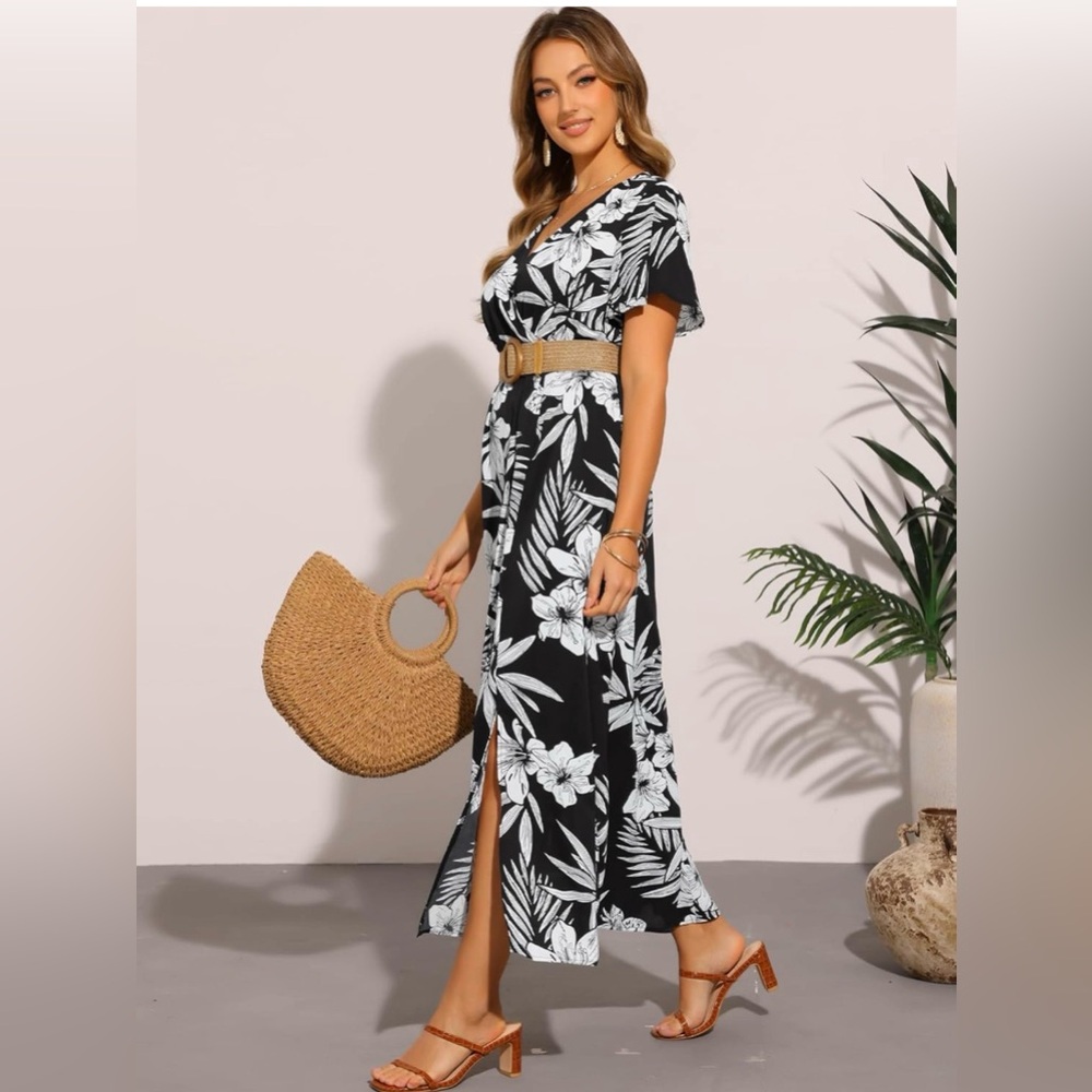 Allegra K Short Sleeve Tropical Dress Slit Wrap V Neck Maxi Floral Dresses